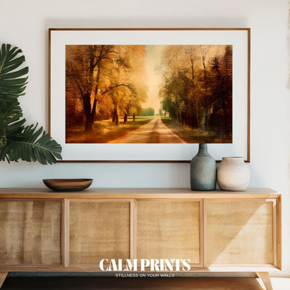 Artwork of a quiet woodland walk framed by rich autumn colours
