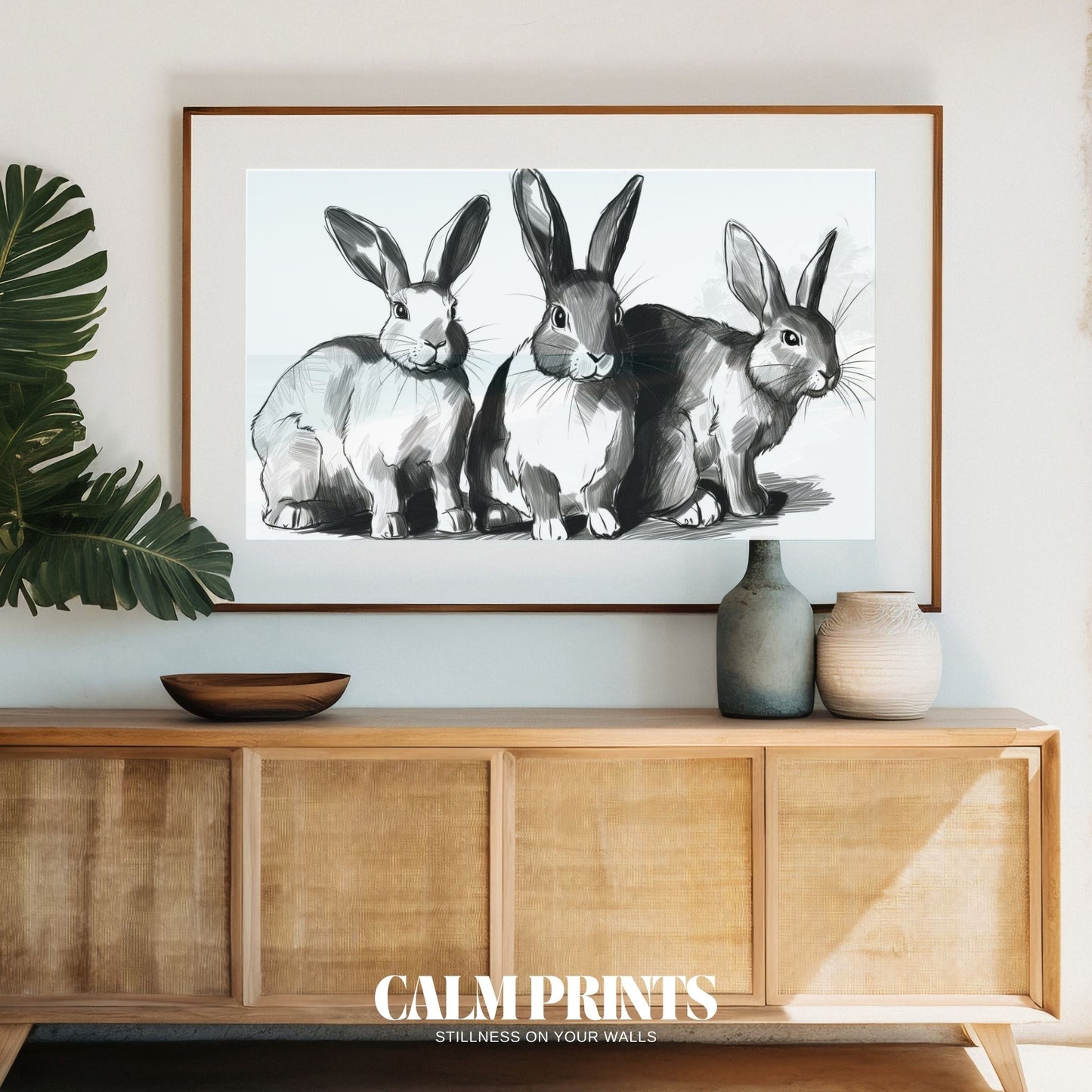 Minimalist line art print featuring a trio of rabbits in gentle poses
