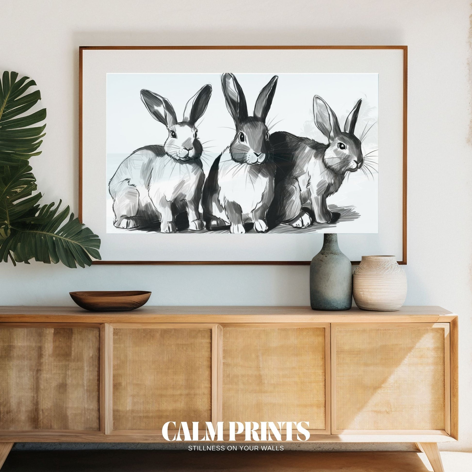 Minimalist line art print featuring a trio of rabbits in gentle poses
