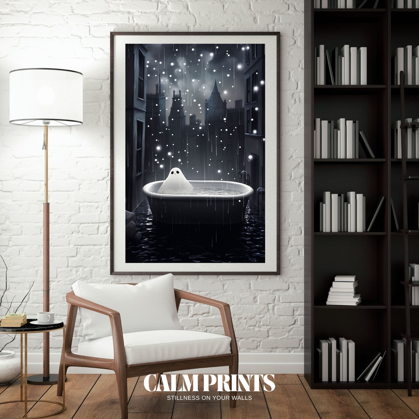 Poster of a ghost in a bathtub enjoying a calm and rainy afternoon
