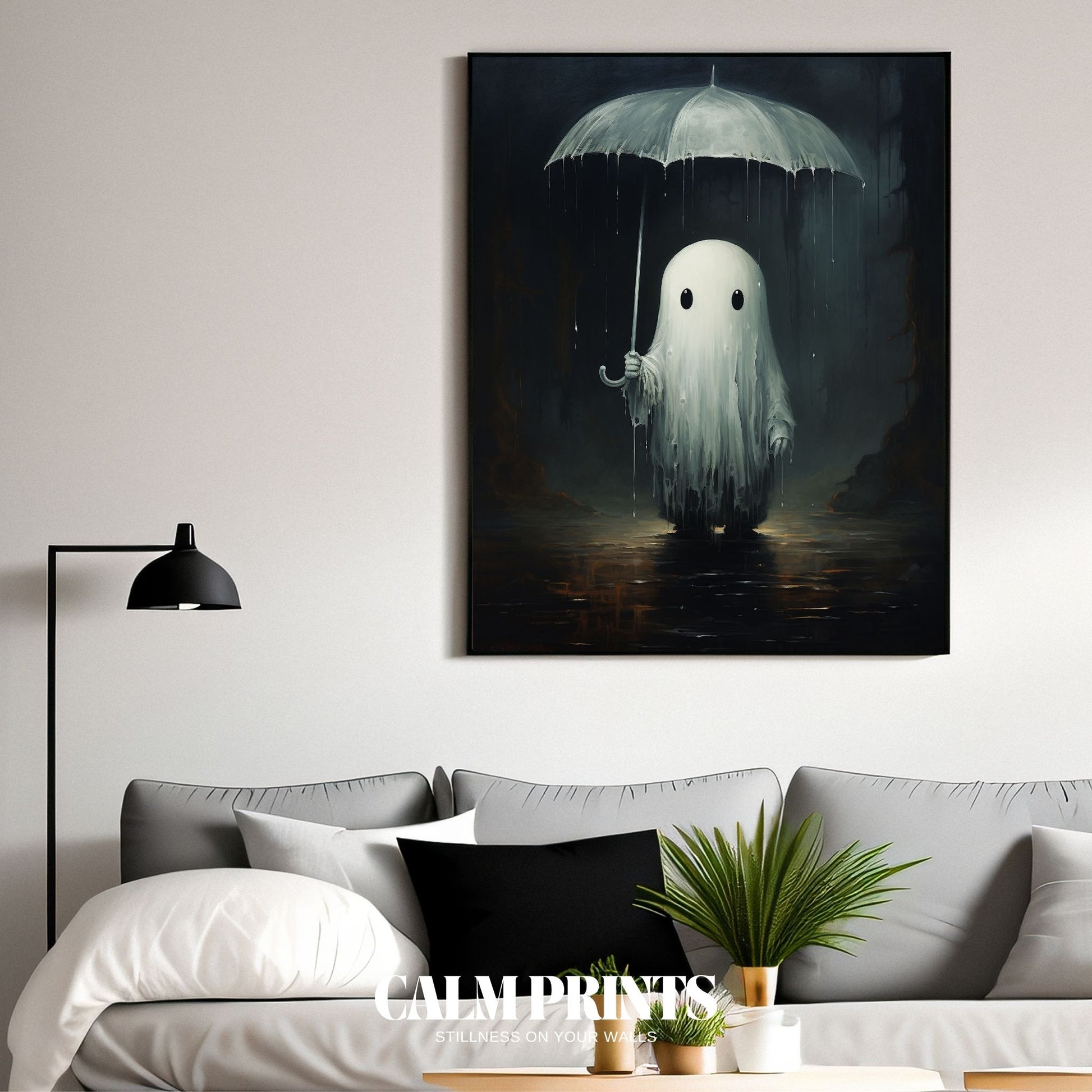 Artwork of a ghost beneath a rainy sky with soft lights in the darkness
