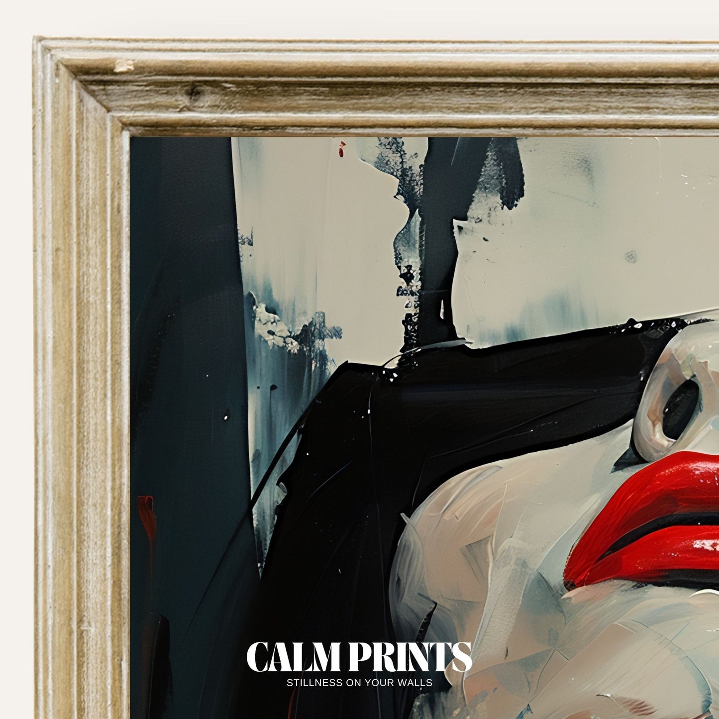 Striking abstract face artwork with vibrant red lips as the focal point