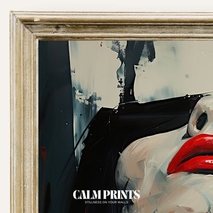 Striking abstract face artwork with vibrant red lips as the focal point