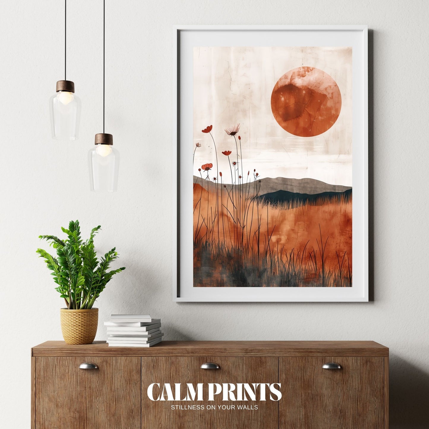 Bold red sun over abstract mountain landscape artwork