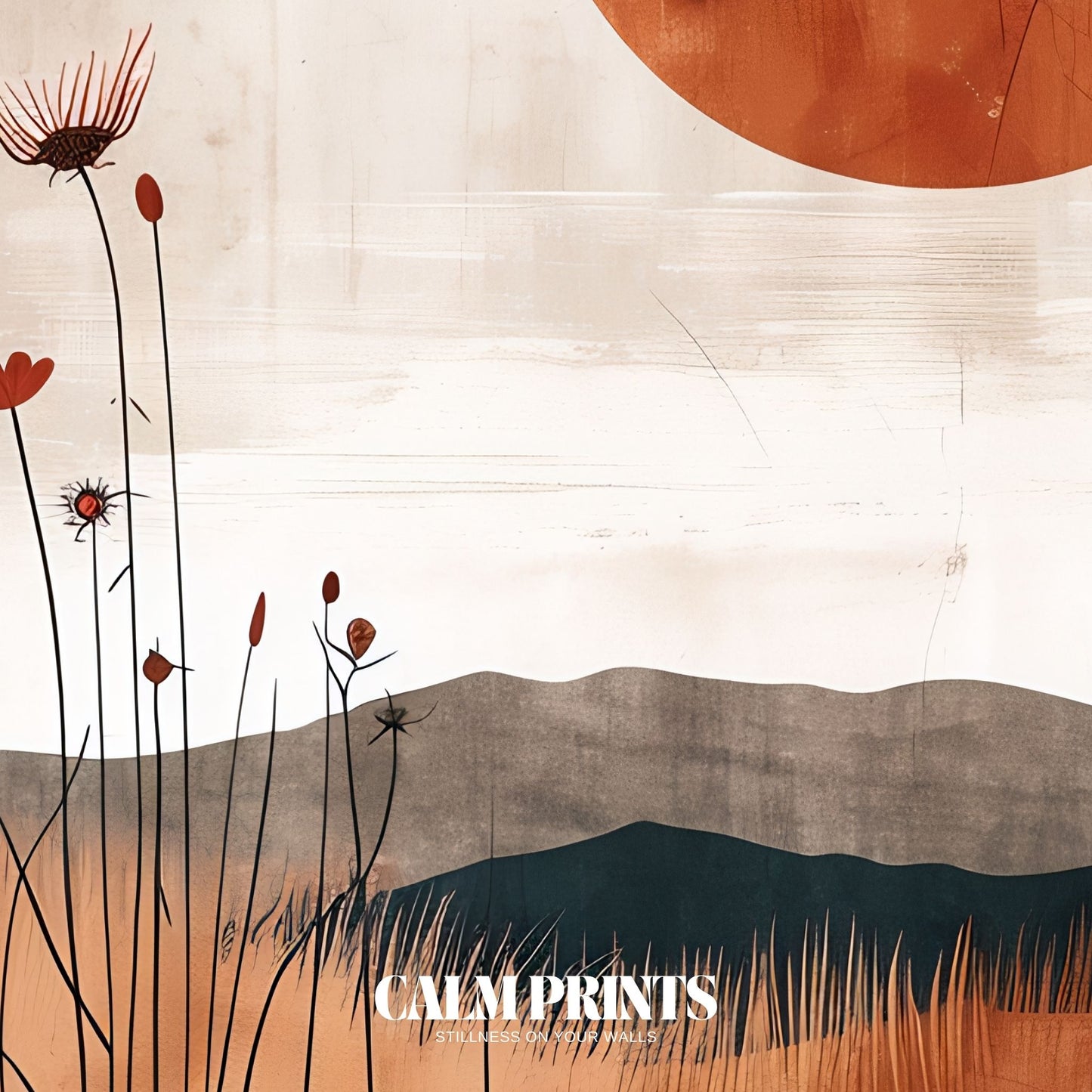 Red sun rising over abstract terrain in calming tones