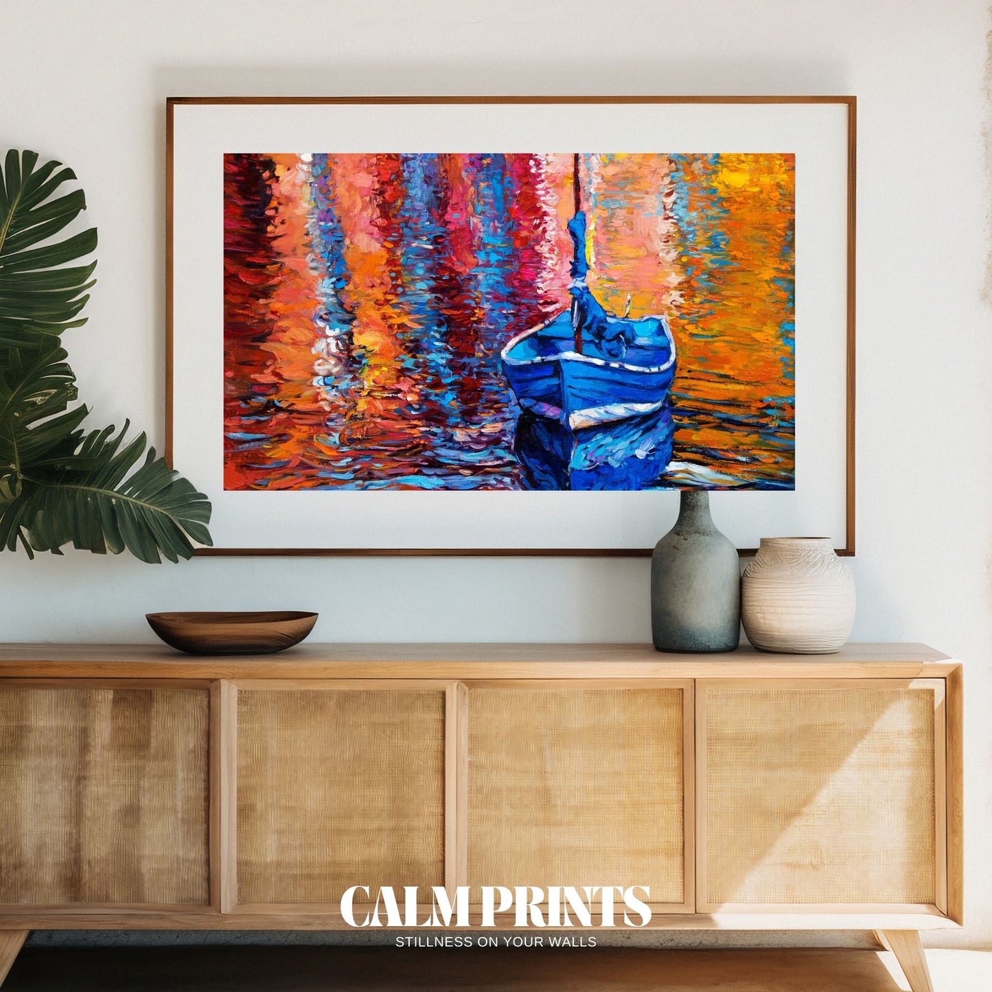 Poster of a reflected landscape in bright hues and soft ripples
