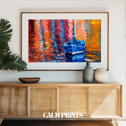 Poster of a reflected landscape in bright hues and soft ripples
