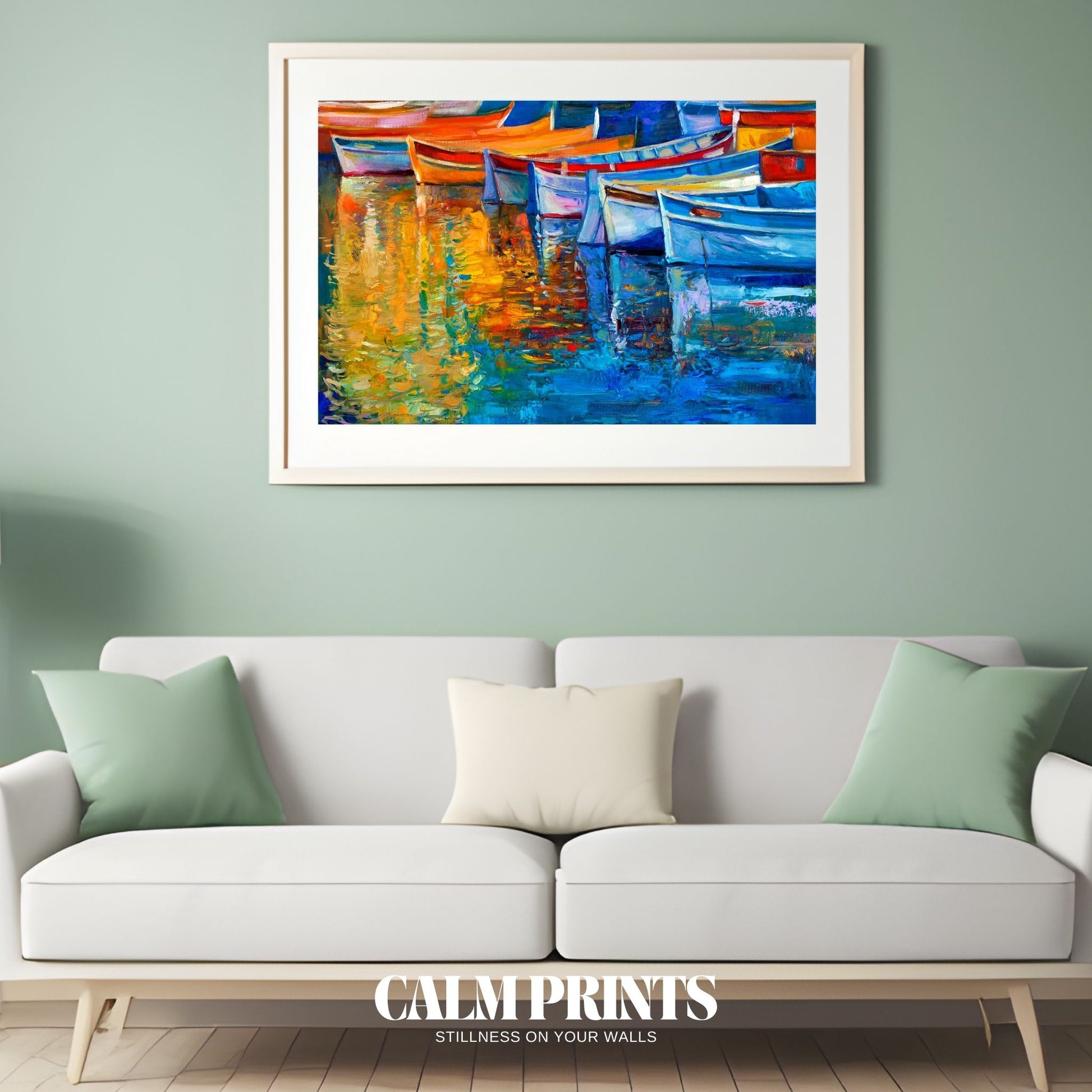 Calm scene of colourful vessels and their reflections in a serene dock
