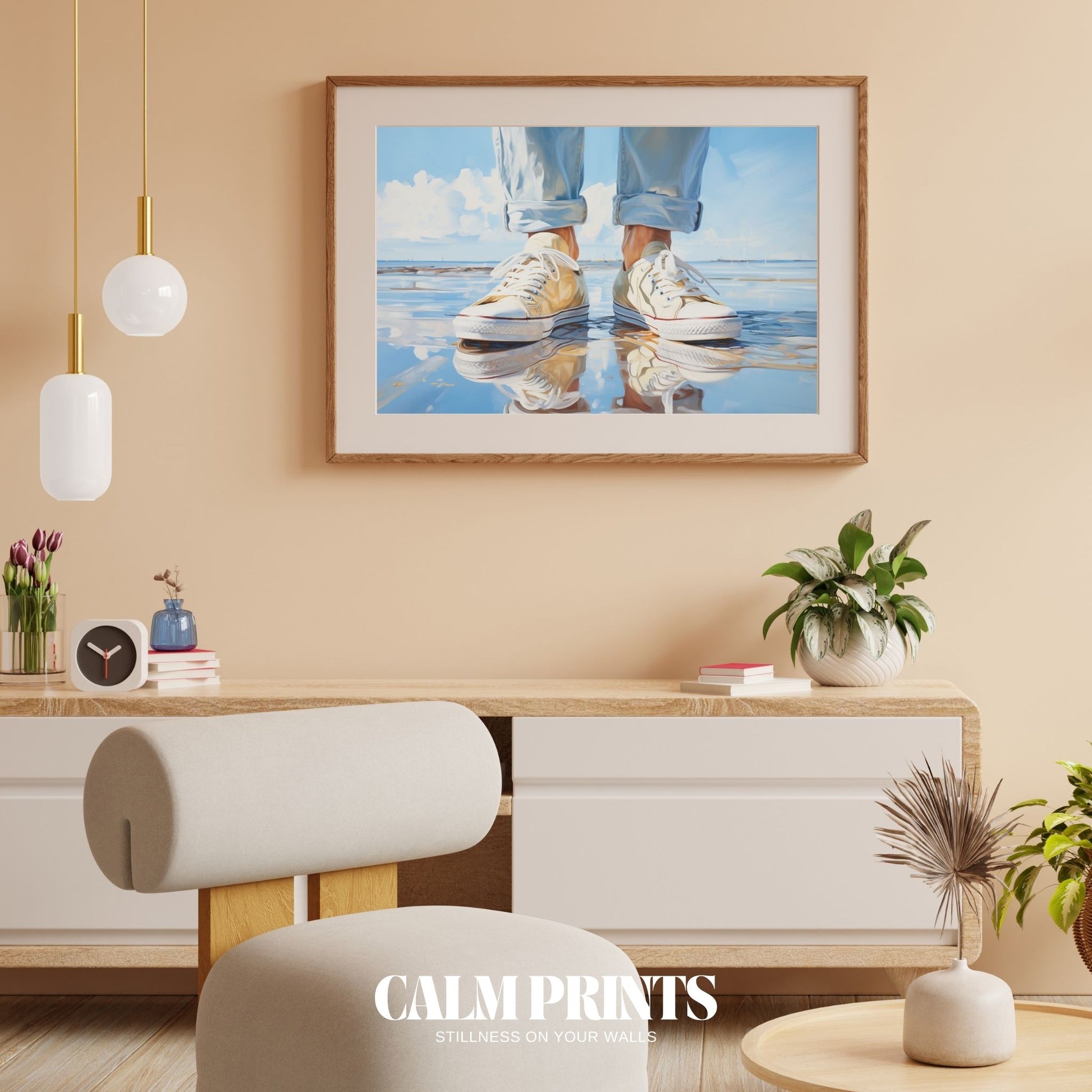 Casual shoes set on a reflective beach after a quiet summer stroll
