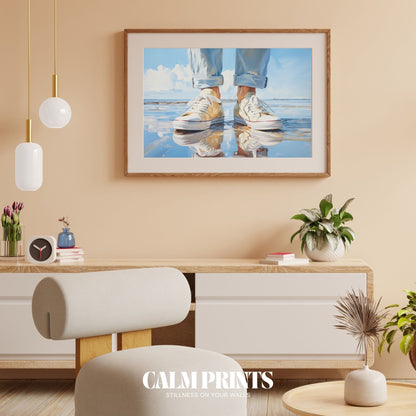 Casual shoes set on a reflective beach after a quiet summer stroll
