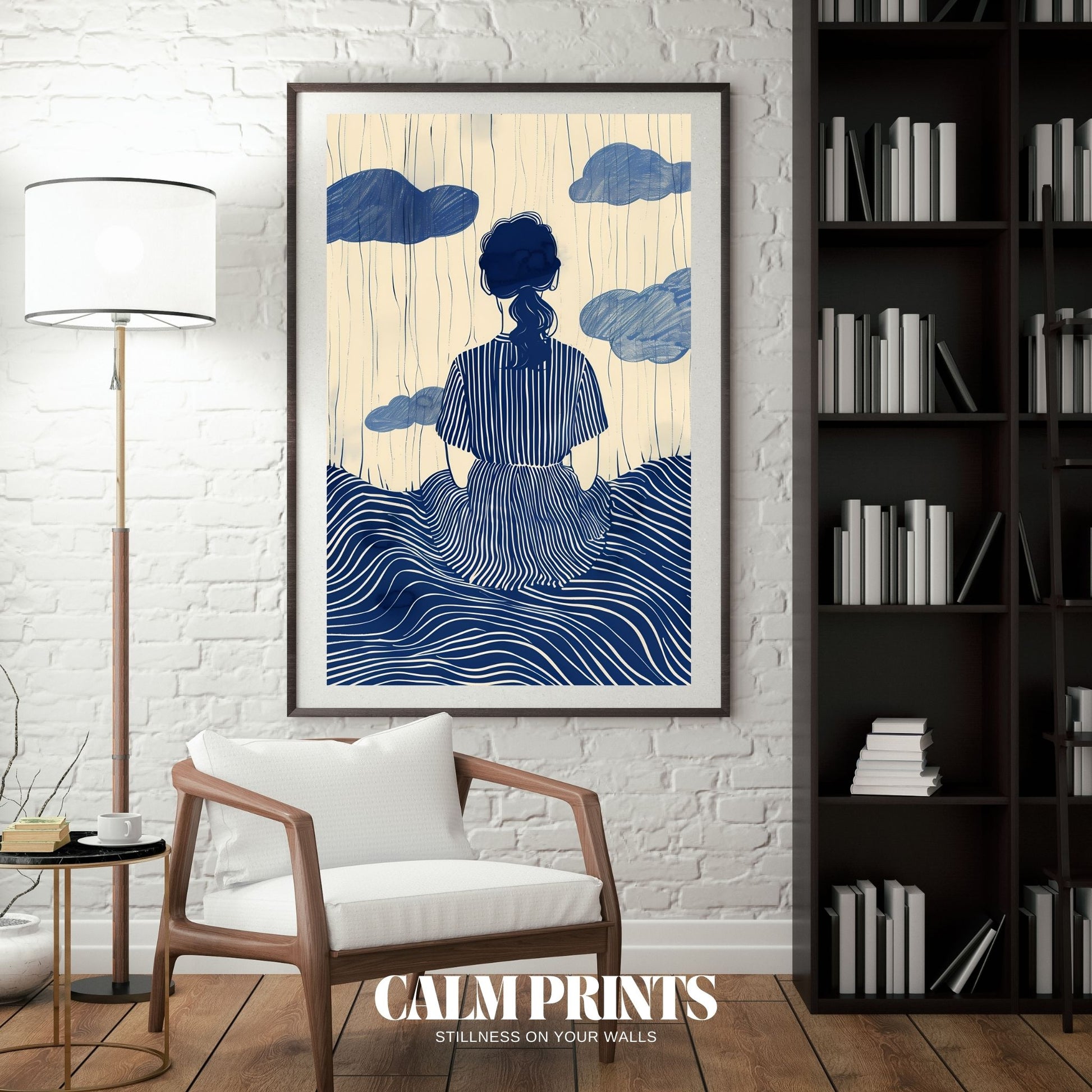 Poster of a reflective portrait outlined in subtle blue shades
