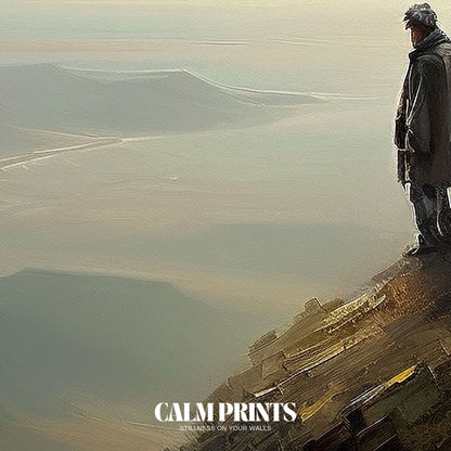 Scene of a reflective moment atop a mountain trail in quiet solitude
