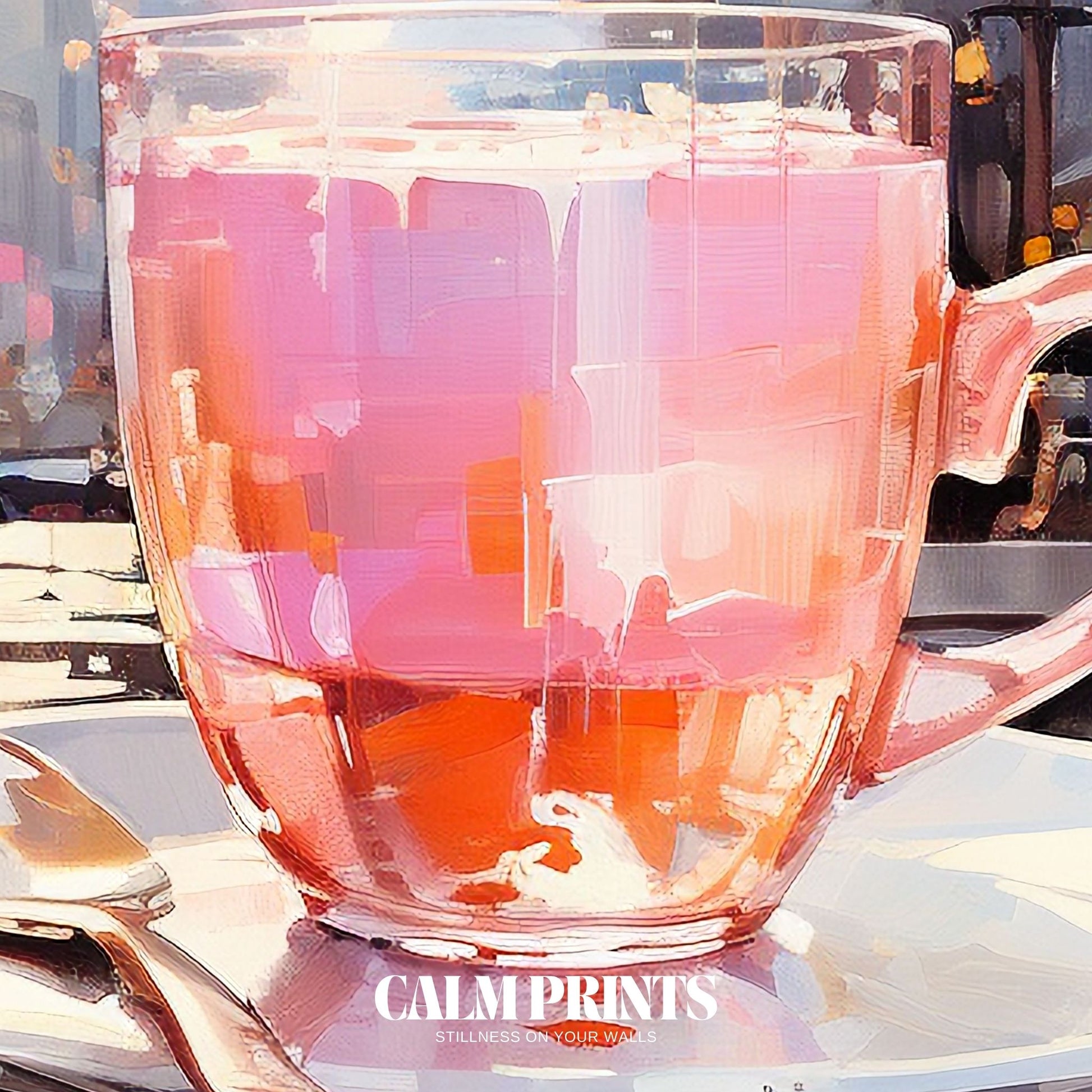 Poster of a relaxed city morning with reflections inside a warm cup
