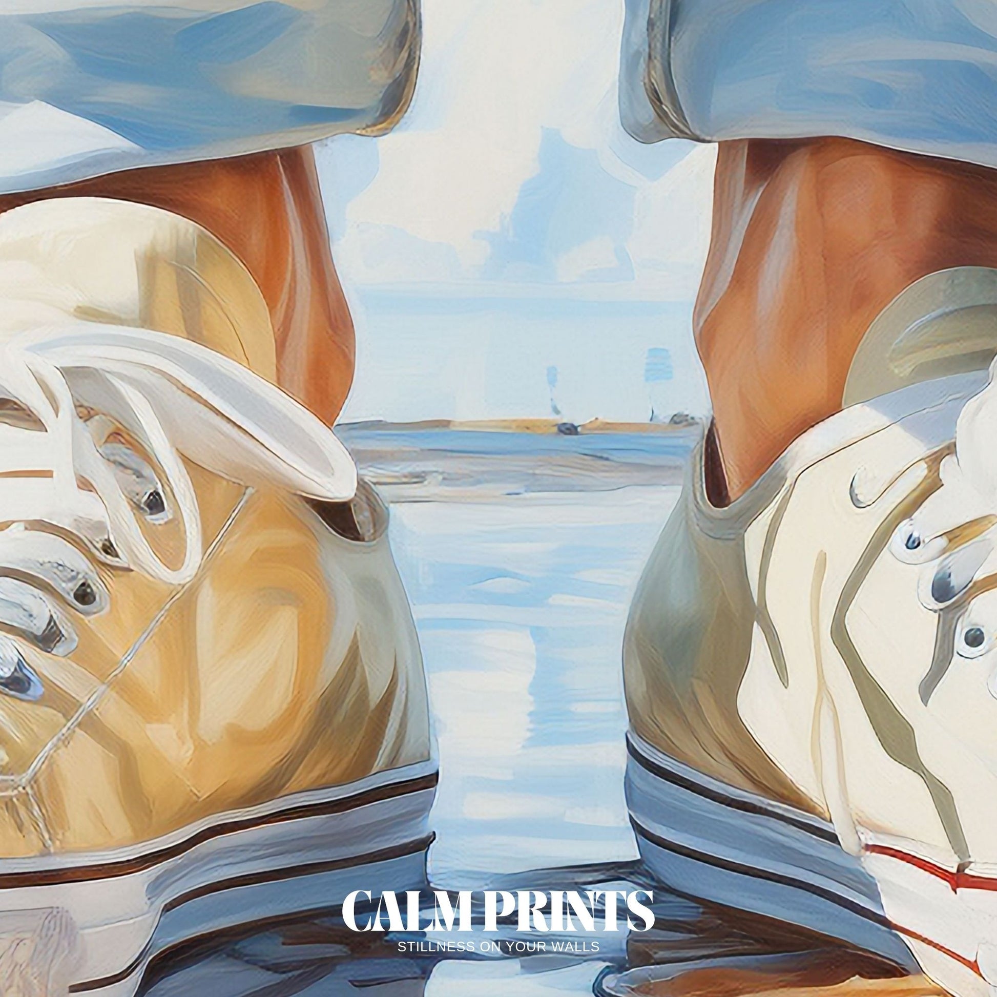 Artwork evoking relaxed summer footsteps left behind on glistening sand
