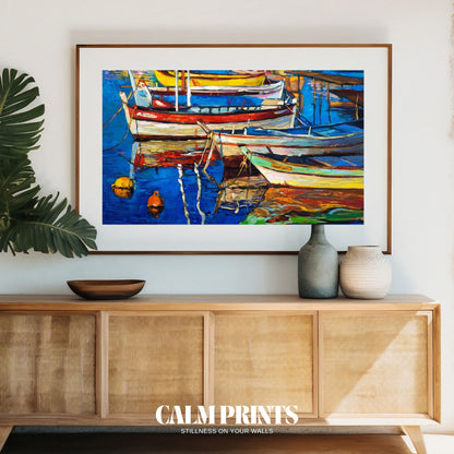 Seaside scene with colourful boats gently floating in still morning waters
