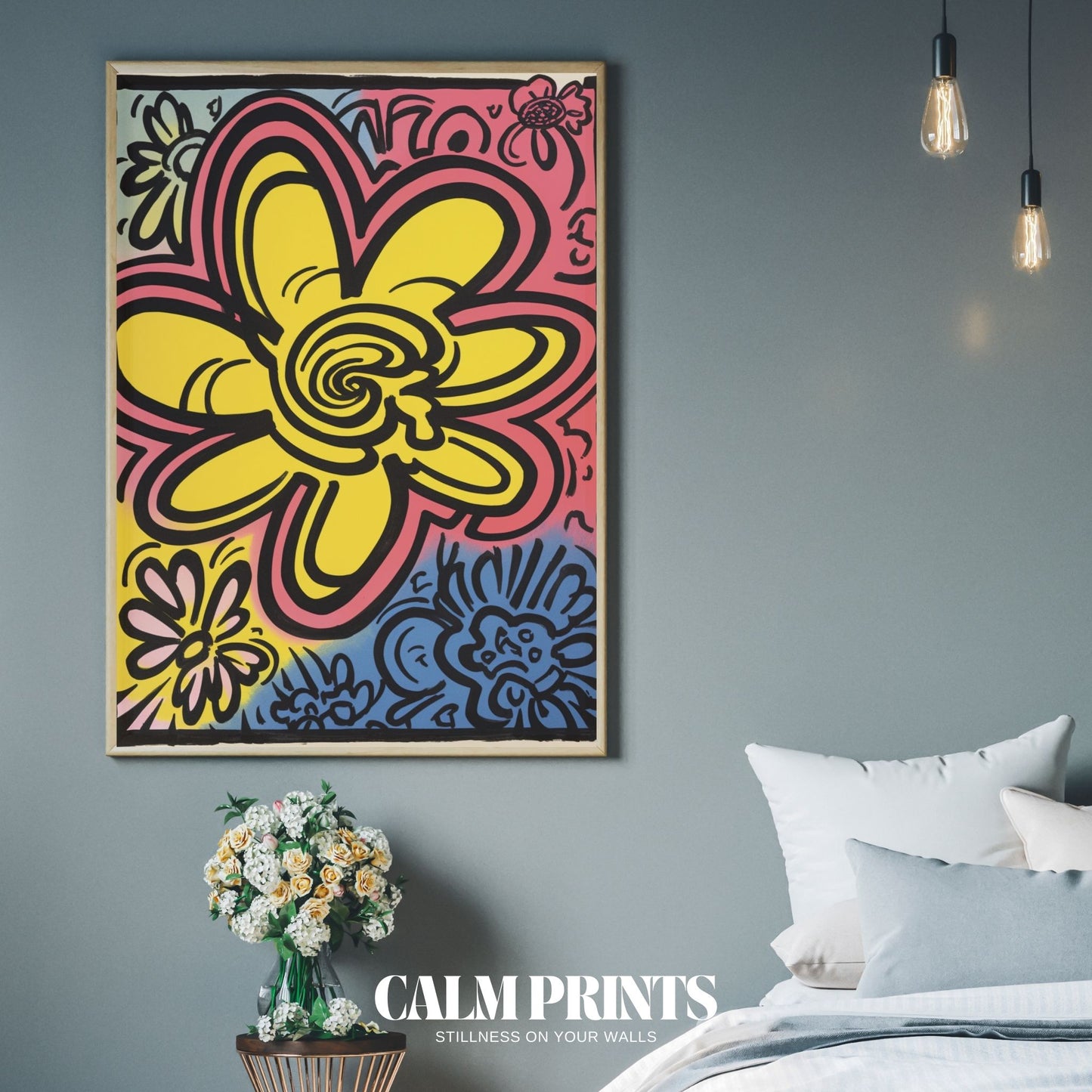 Retro-inspired floral pop art for bold, expressive interior decor
