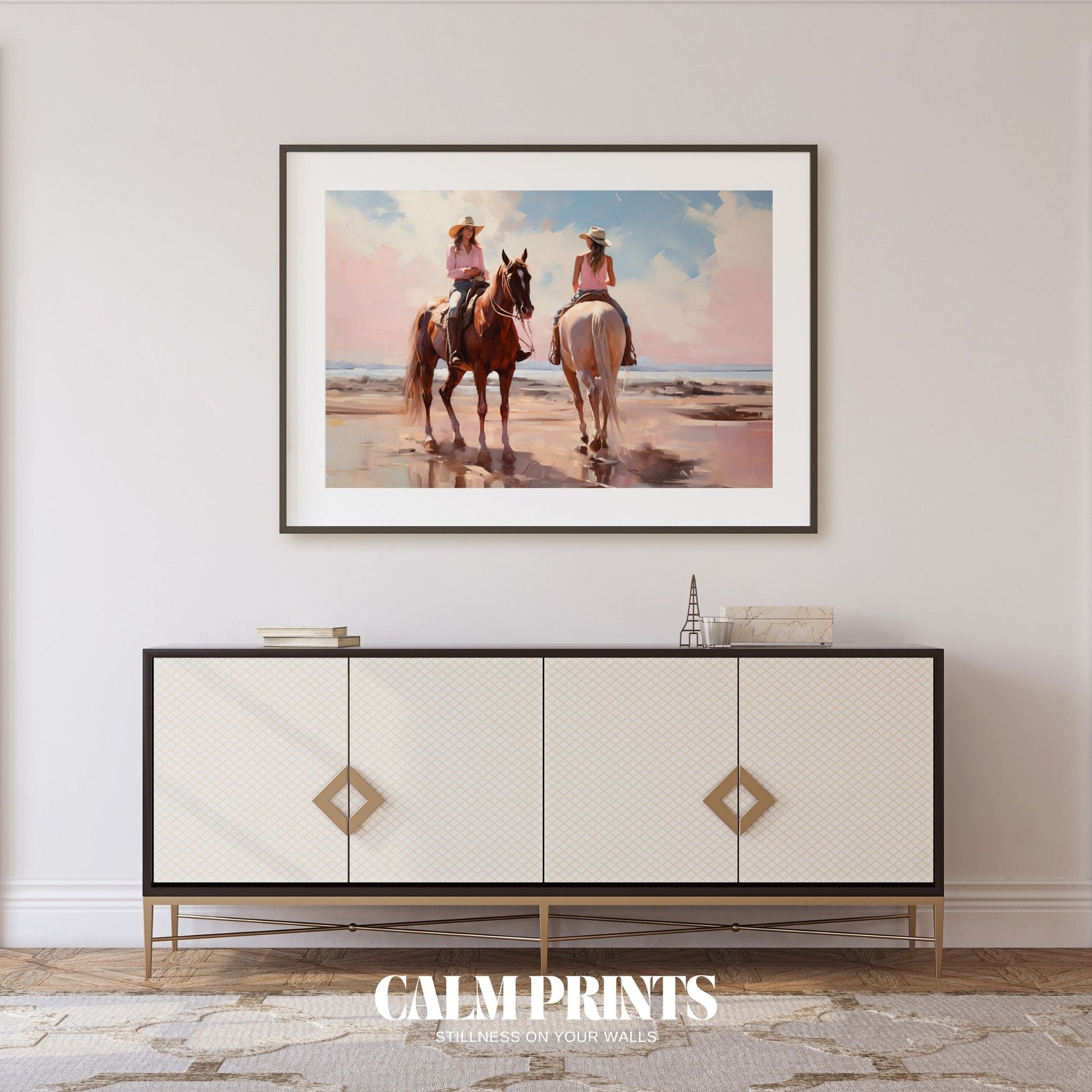 Artwork of riders in motion crossing open plains under an endless sky
