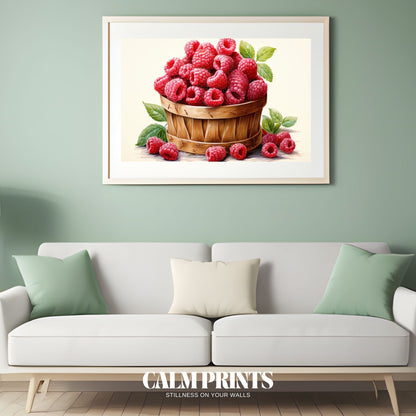 Close-up of ripe raspberries in a handwoven basket, bursting with freshness