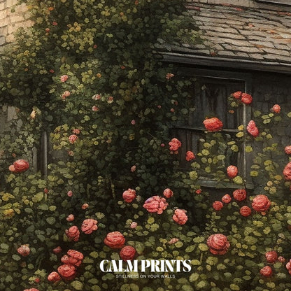 Romantic cottage nestled in a garden filled with blooming roses
