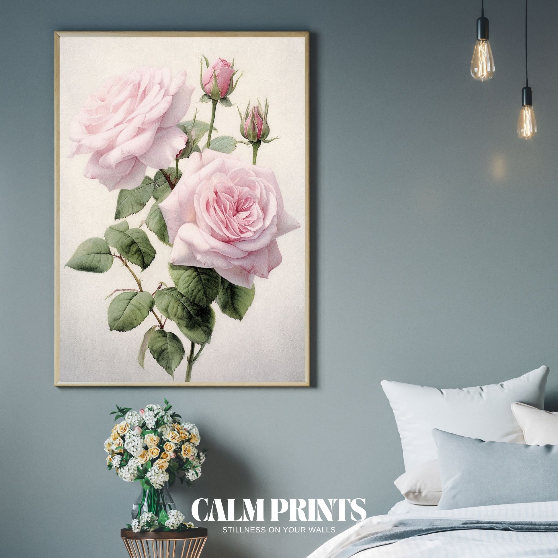 Romantic print of pink roses with a light and airy floral aesthetic
