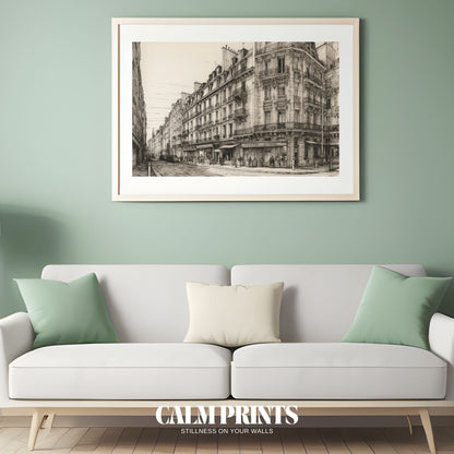Romantic view of a Paris street in fine monochrome sketch detail
