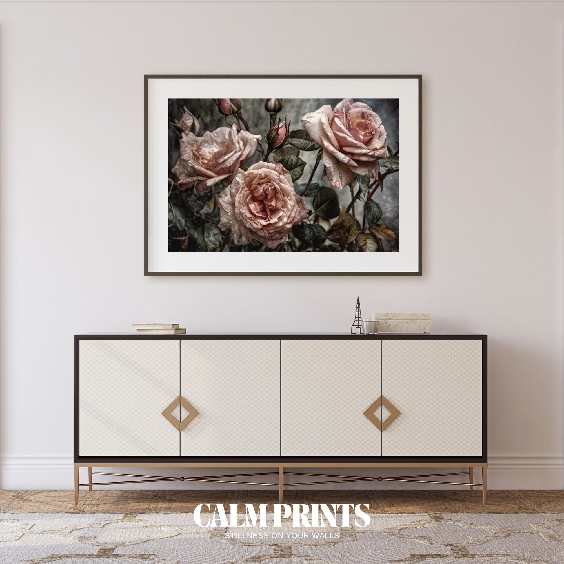 Romantic poster of pink roses glistening with dewdrops in soft light
