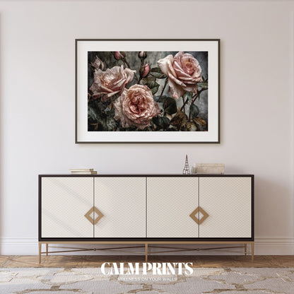 Romantic poster of pink roses glistening with dewdrops in soft light
