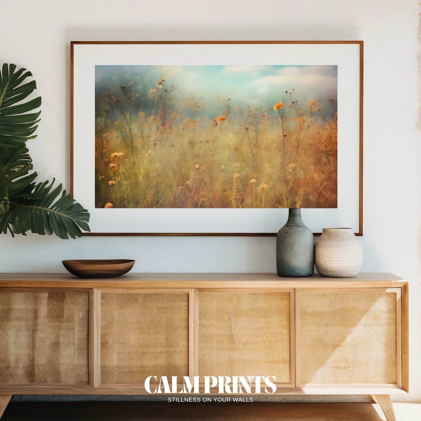 Poster of romantic wildflowers in full bloom across an open field
