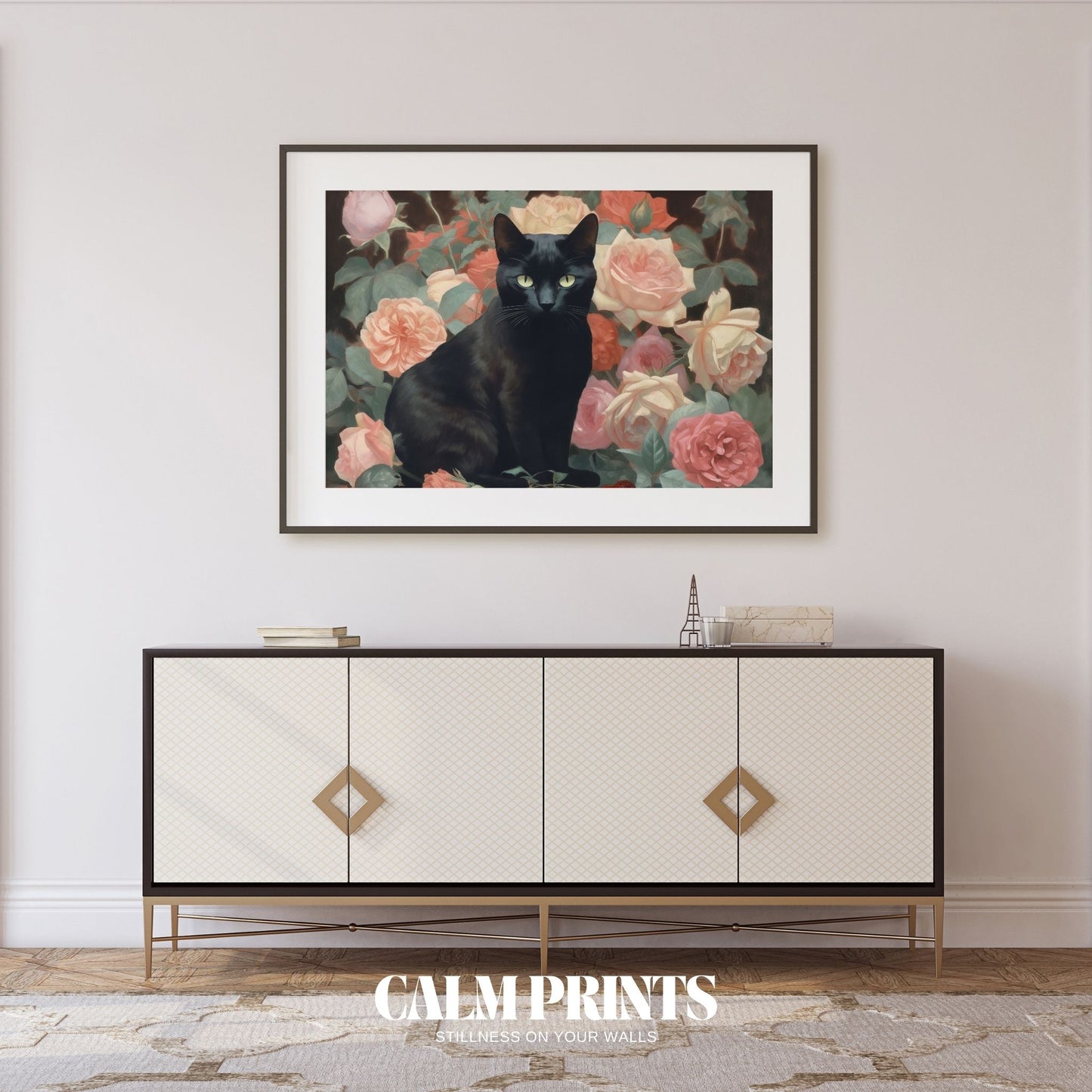 Romantic garden scene with soft roses and a black cat’s quiet gaze