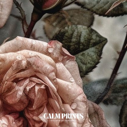 Poster of blooming roses on a dewy morning with a timeless, vintage feel
