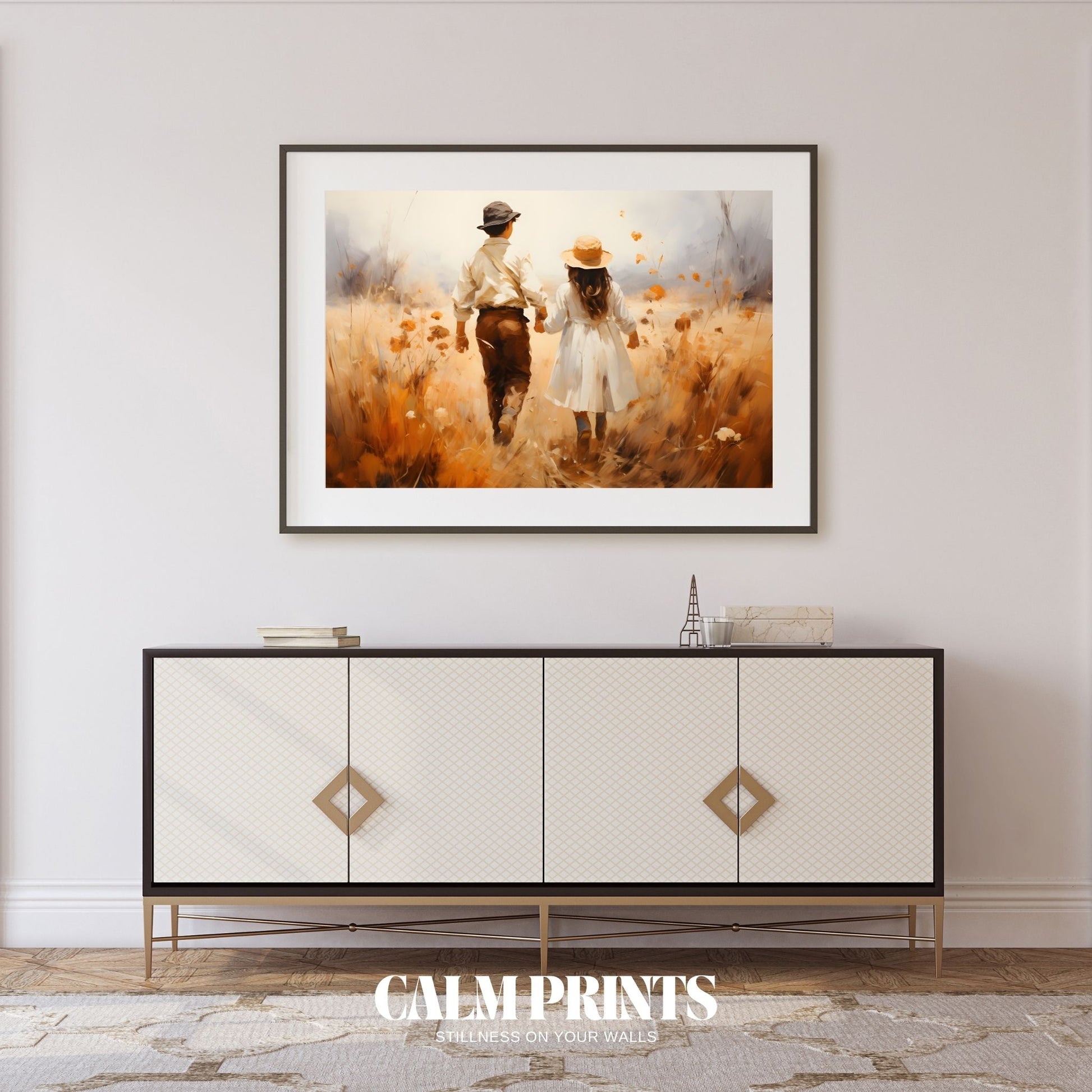 Golden rural landscape with fields stretching under a warm sky