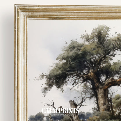 Print of a rural road lined with greenery and a watchtower on the horizon
