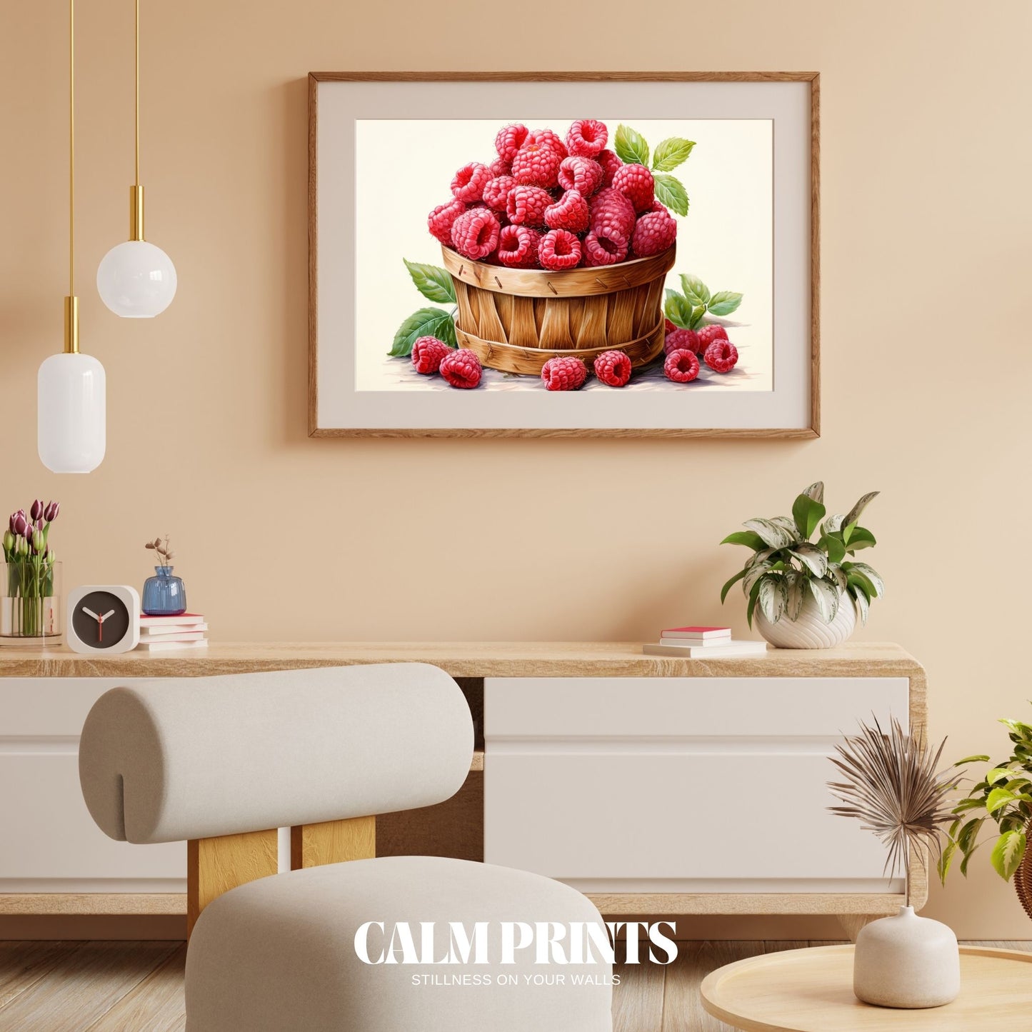 Rustic kitchen poster with a basket of vibrant red raspberries