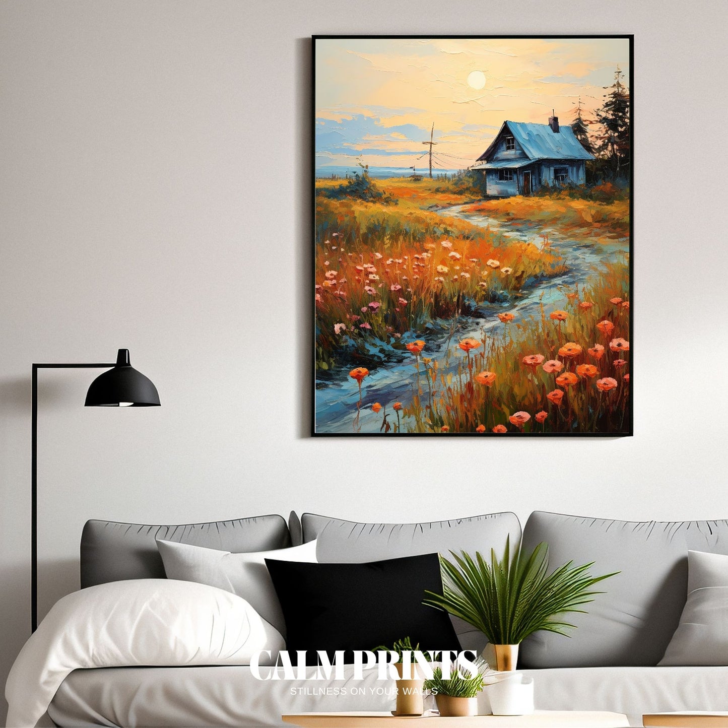 Rustic artwork of a wooden cabin in a vibrant fall meadow