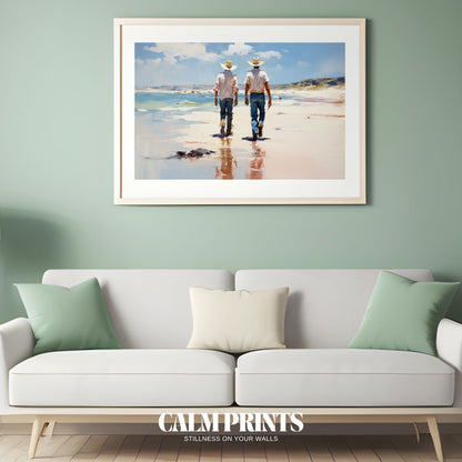 Rustic coastal scene with cowboy figures moving along the sea’s edge
