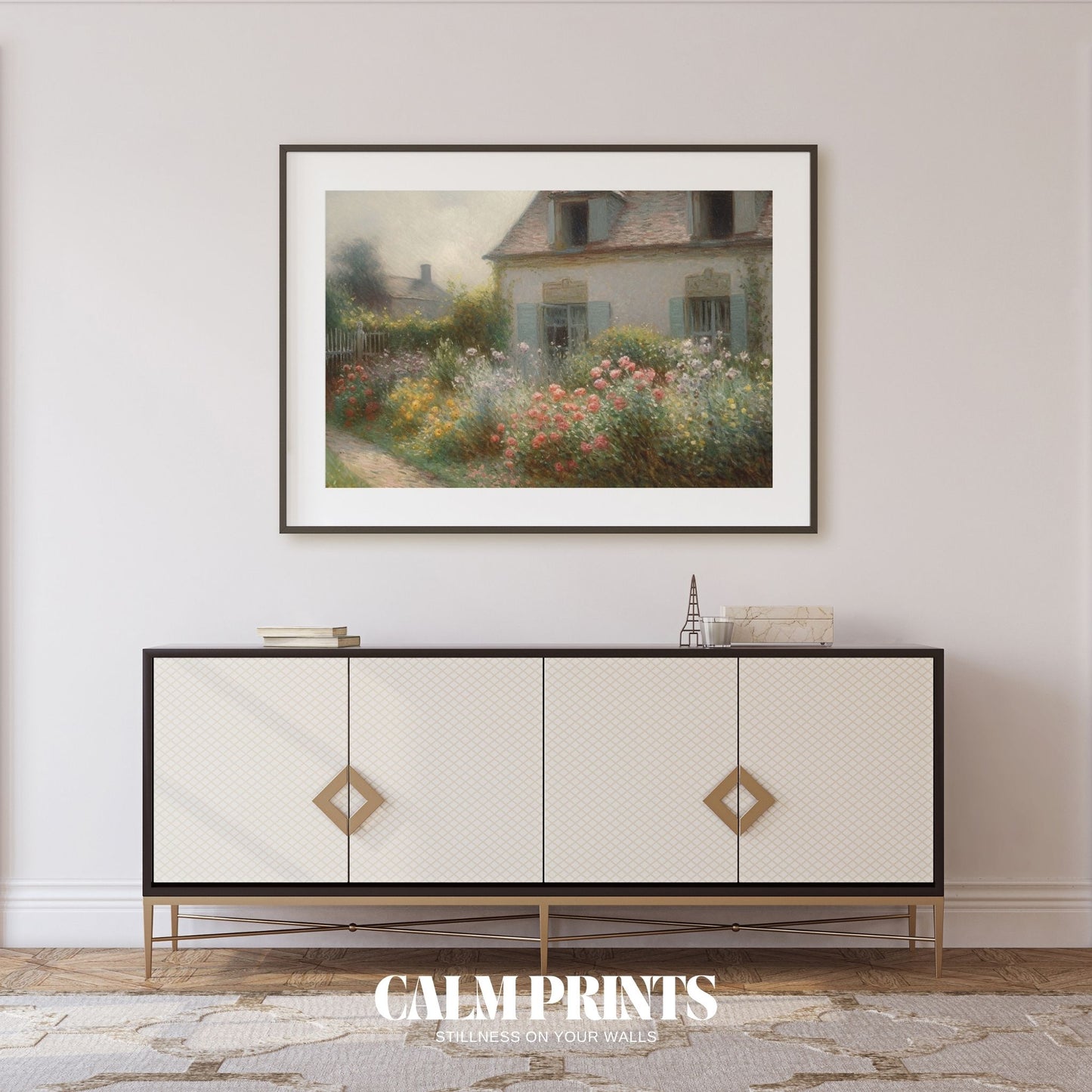 Rustic cottage embraced by blossoms and lush greenery in soft sunlight
