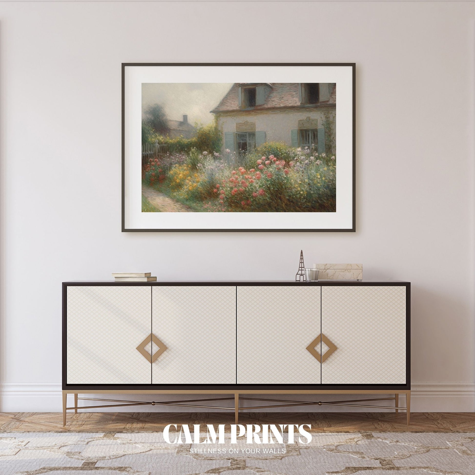 Rustic cottage embraced by blossoms and lush greenery in soft sunlight
