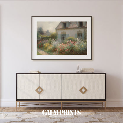 Rustic cottage embraced by blossoms and lush greenery in soft sunlight
