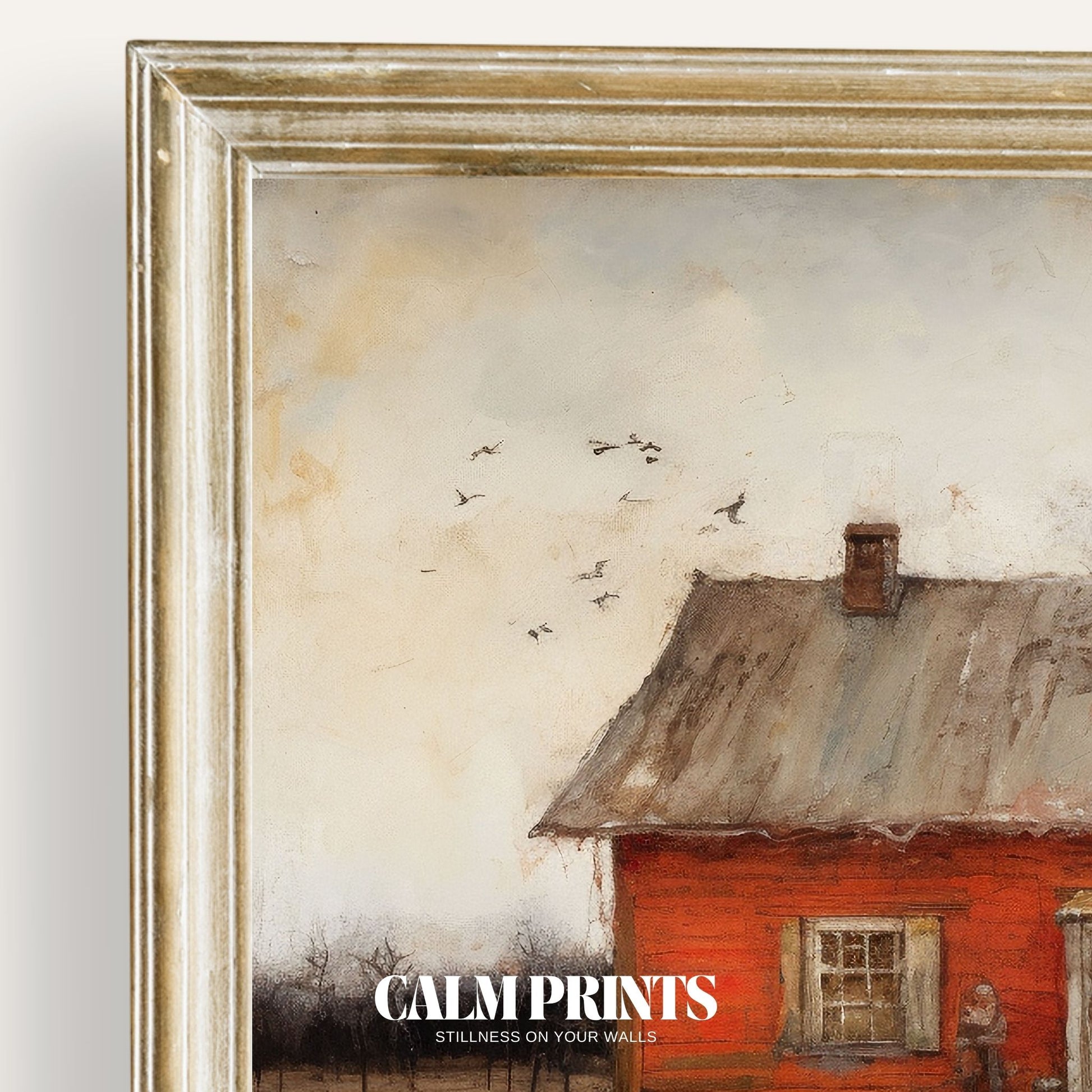 Print of a rustic cottage surrounded by greenery and blooming flowers
