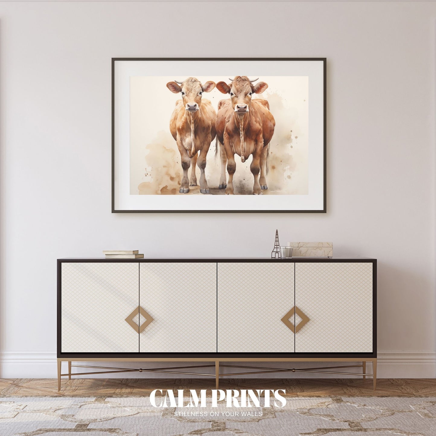 Rustic poster of a cow pair captured in warm and natural watercolour
