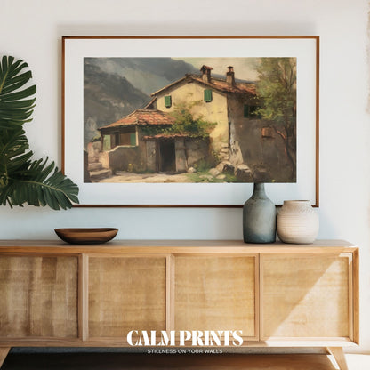 Rustic home with a garden path leading through wildflowers and soft light
