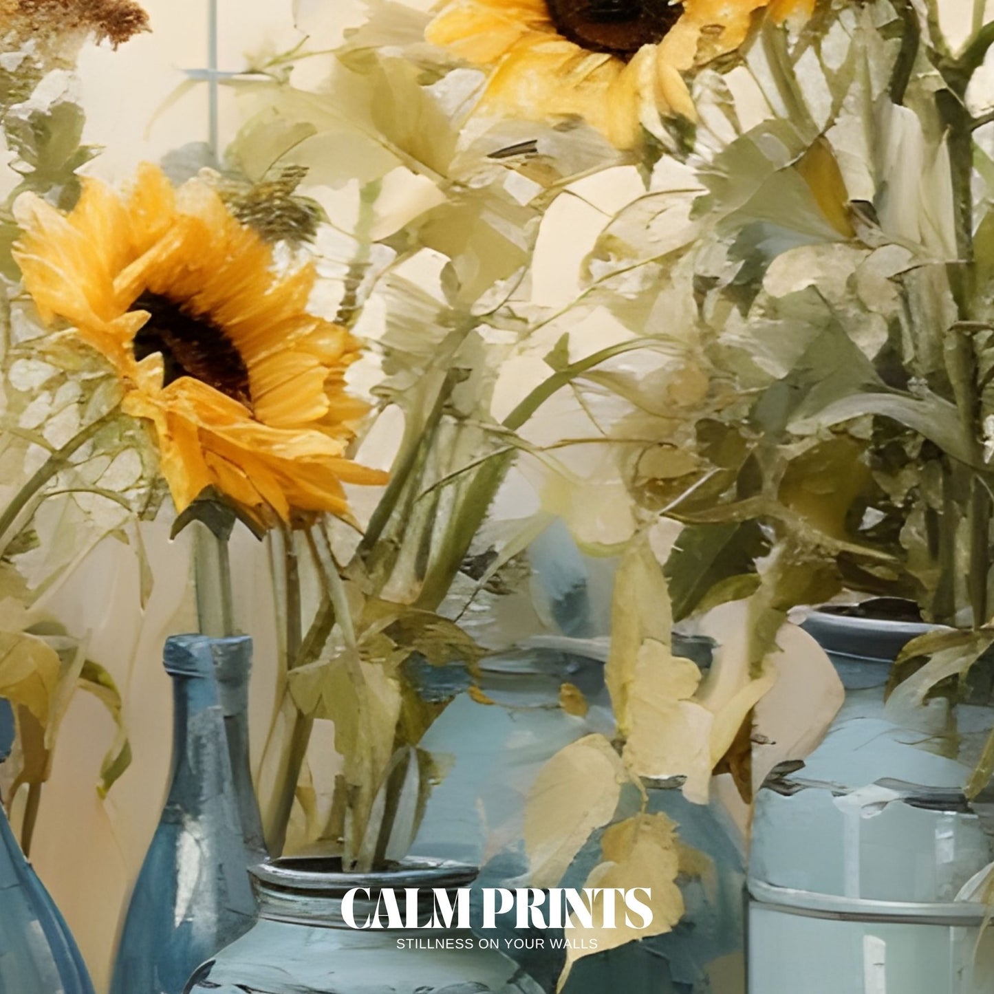 Rustic-style print of sunflowers resting in handcrafted blue pottery
