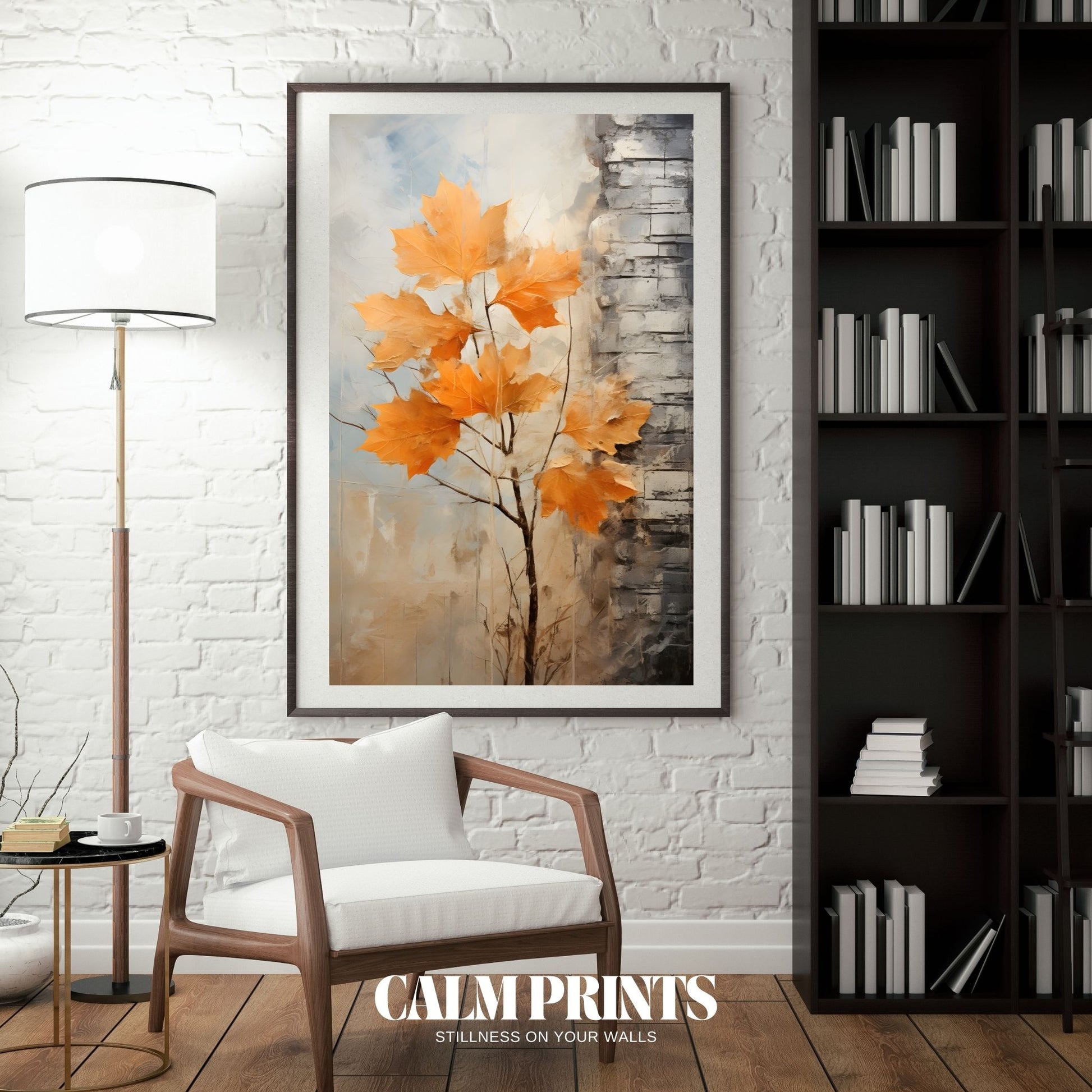 Rustic wall adorned with scattered autumn leaves in warm tones