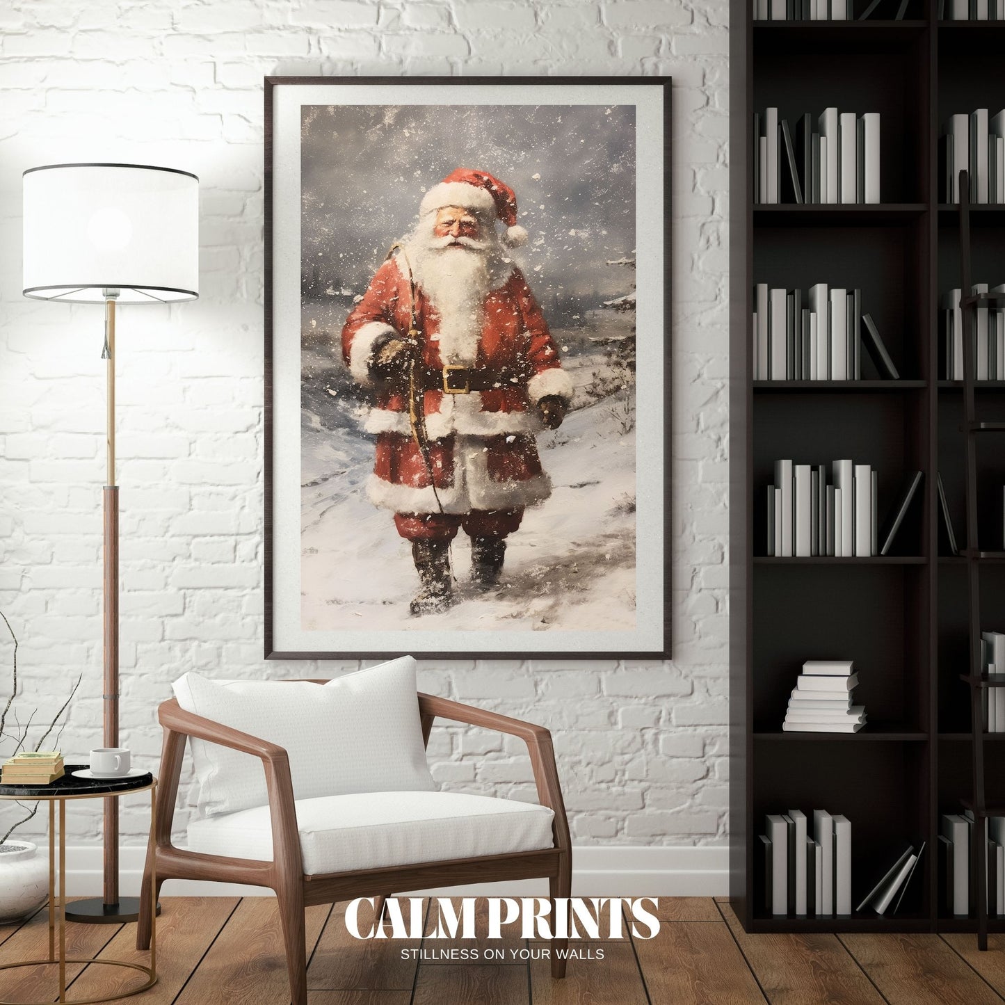 Santa Claus in his red suit walking through a peaceful winter landscape
