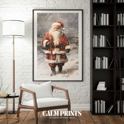 Santa Claus in his red suit walking through a peaceful winter landscape
