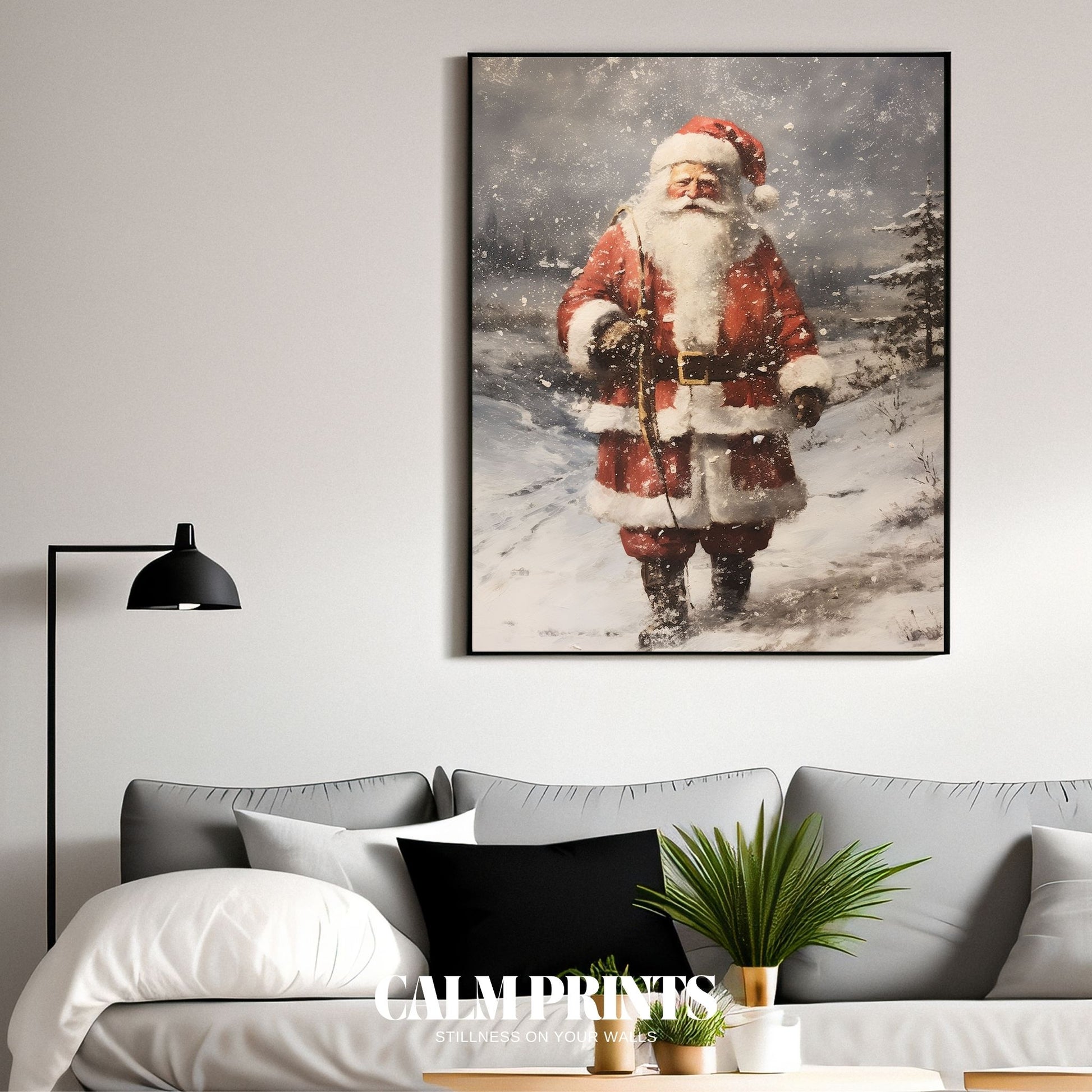 Artwork of Santa journeying through a magical winter forest with presents
