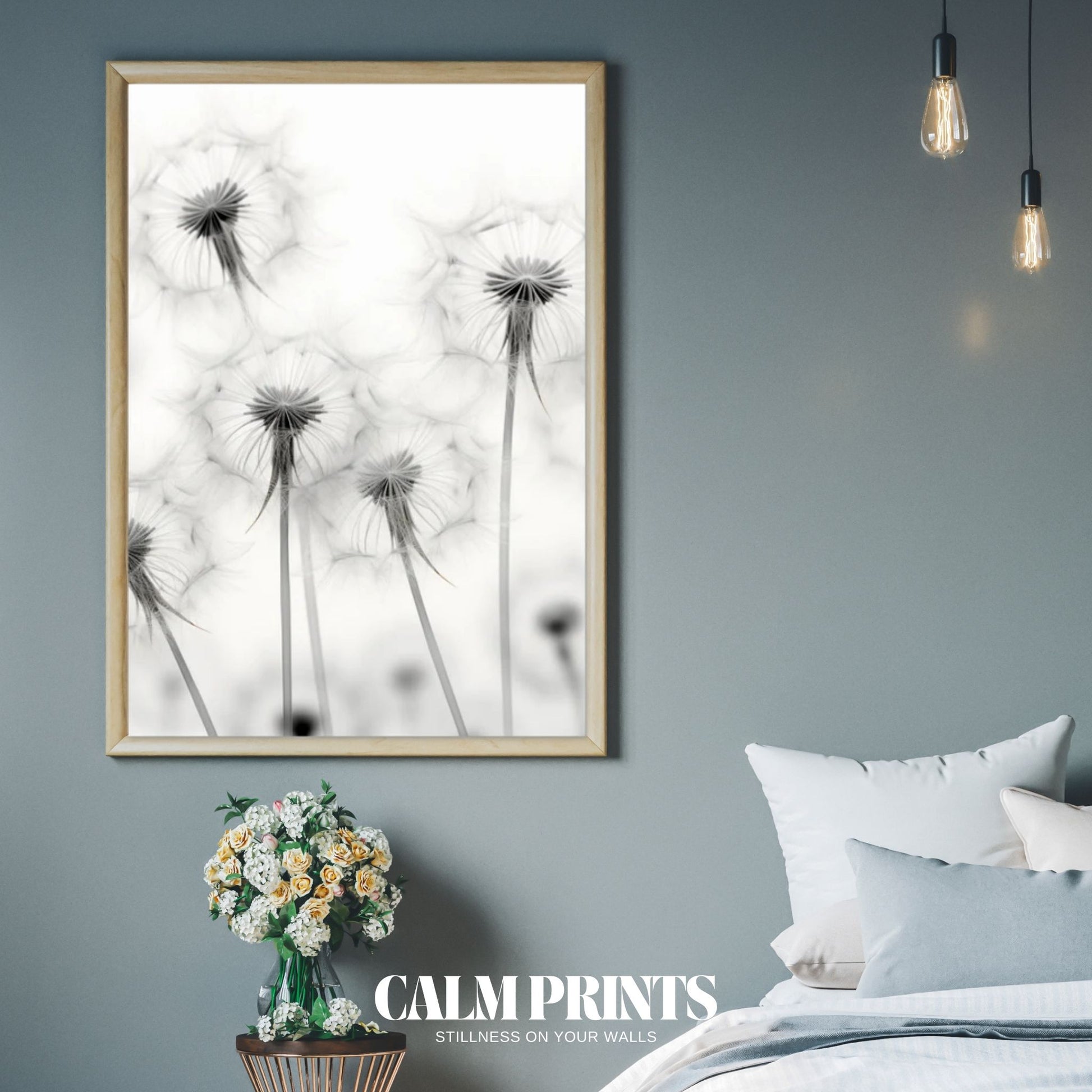 Scandinavian-style dandelion illustration with monochrome floral elegance