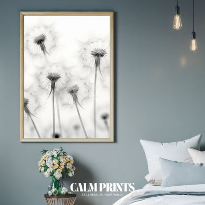 Scandinavian-style dandelion illustration with monochrome floral elegance