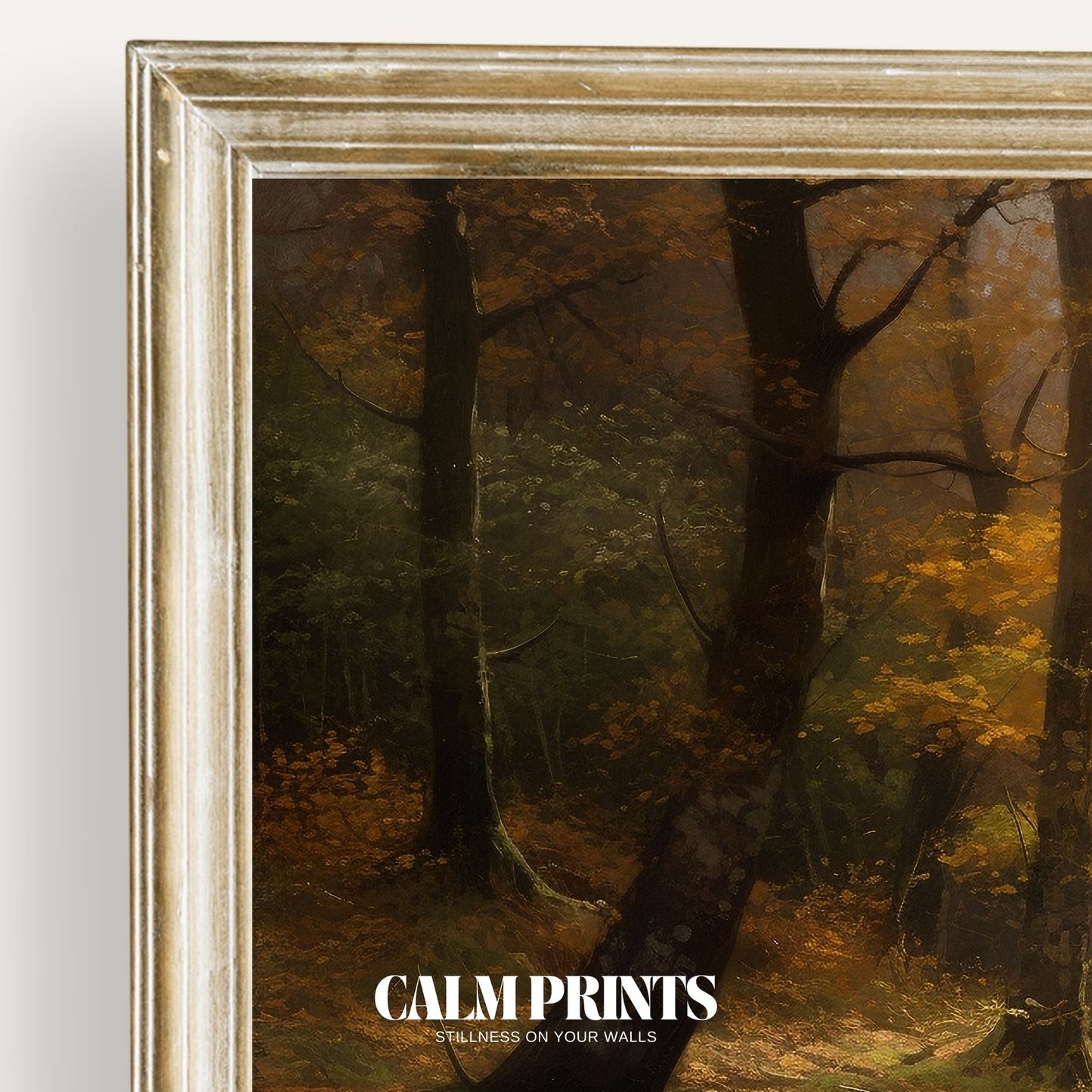 Art print of peaceful Scandinavian woods bathed in autumn light