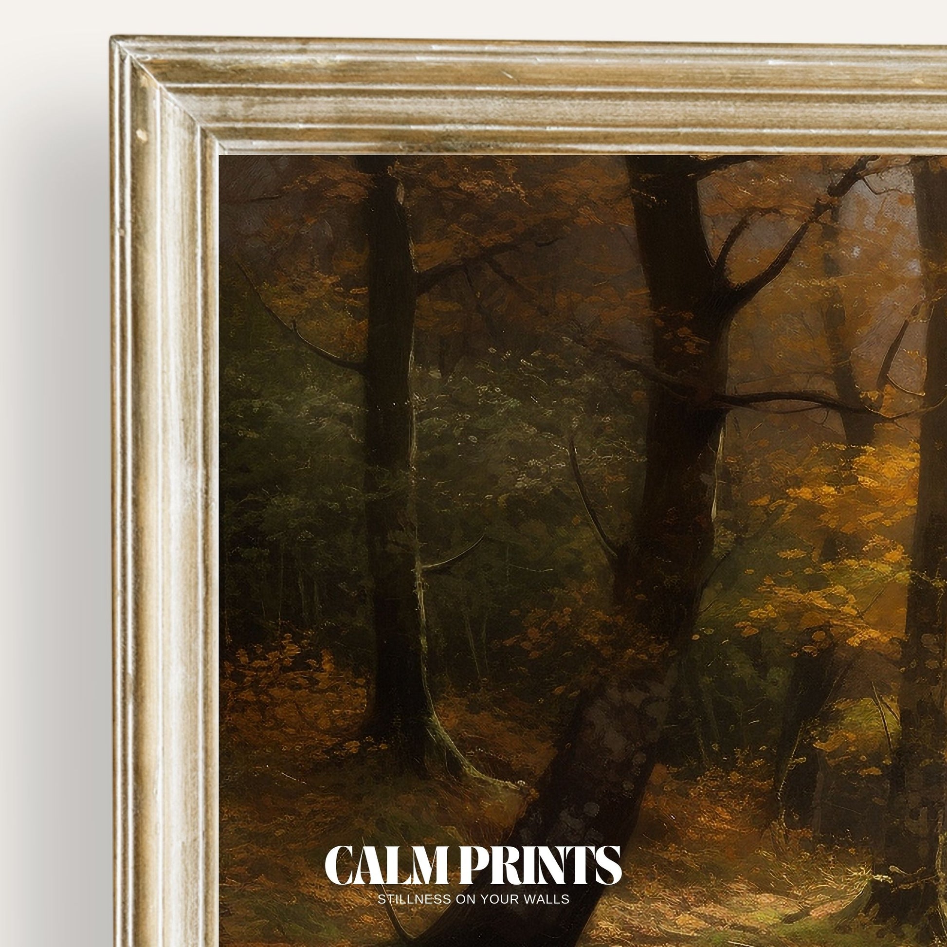 Art print of peaceful Scandinavian woods bathed in autumn light